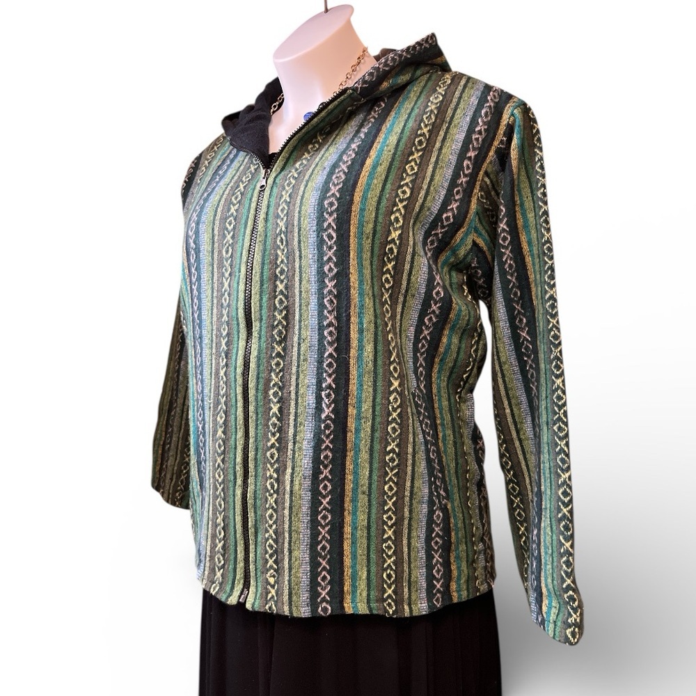 Kathmandu Imports Striped Green Fleece Lined Zip Front Unisex Hooded Jacket NWT